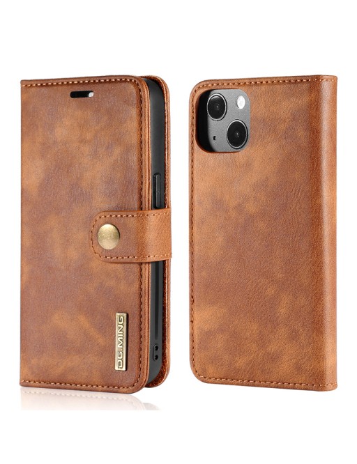 Dual Folding Cowhide Leather Flip Case for iPhone 13 Brown