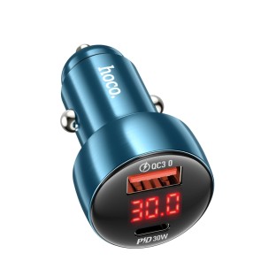 hoco 48W Dual-Port Car Charger with Digital Display Blue