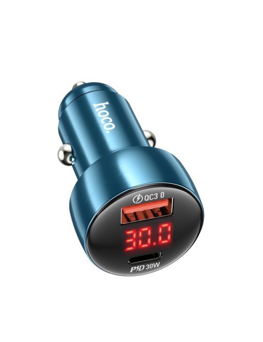 hoco 48W Dual-Port Car Charger with Digital Display Blue